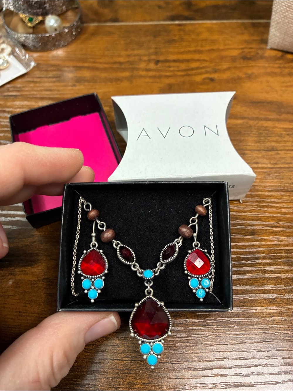 Avon Red and Turquoise Pendant Necklace